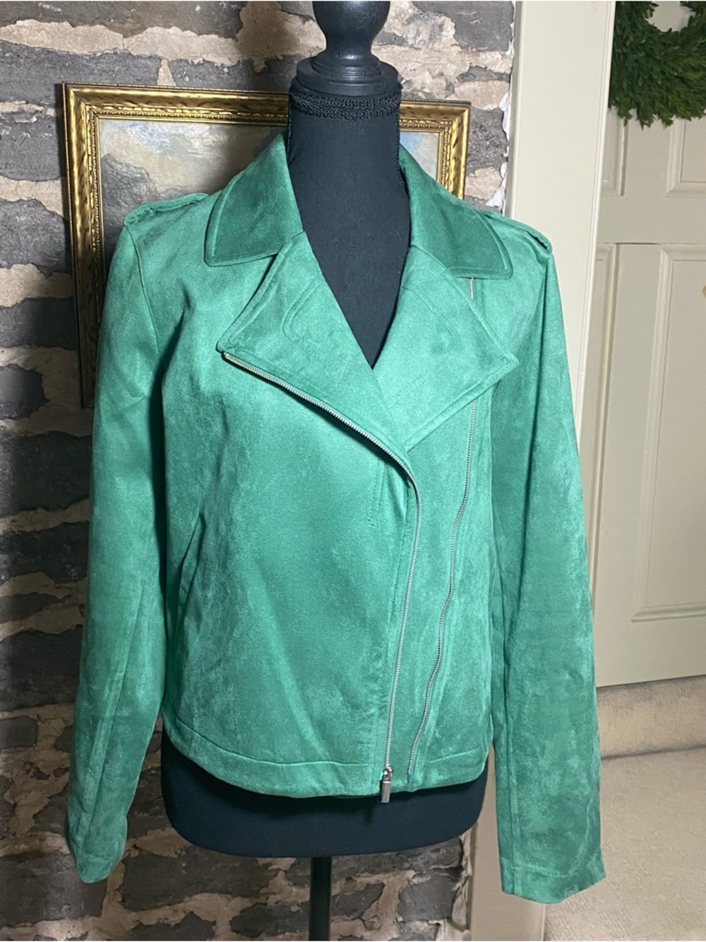 LC Lauren Conrad Green Faux Suede Moto Cropped Jacket